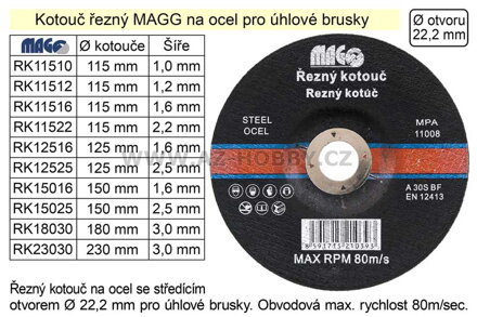 Kotouč řezný na ocel 115x1,0mm MAGG