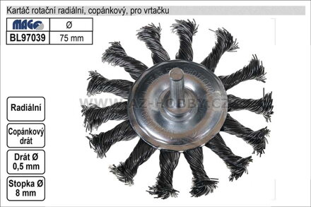 Kartáč rotační radiální  75mm copánkový pro vrtačku