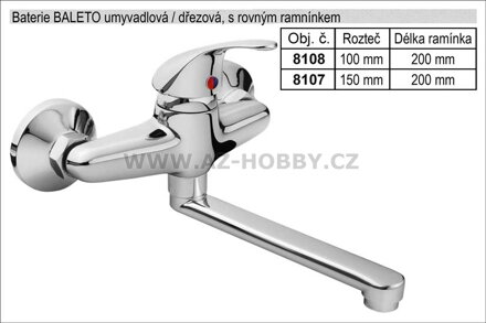 Baterie dřezová / umyvadlová 100mm chromovaná s rovným ramínkem délka 200mm