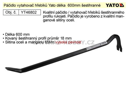 Páčidlo vytahovač hřebíků kované délka  600mm šestihranný profil 18mm Yato