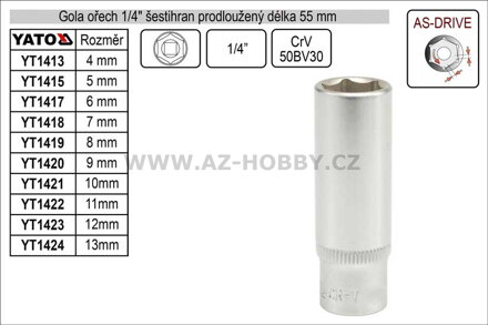 Gola ořech šestihran  1/4" prodloužený  6mm