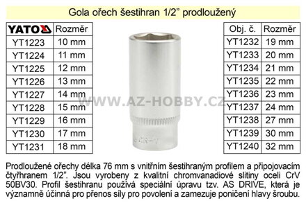 Gola ořech šestihran 1/2"  prodloužený 10mm