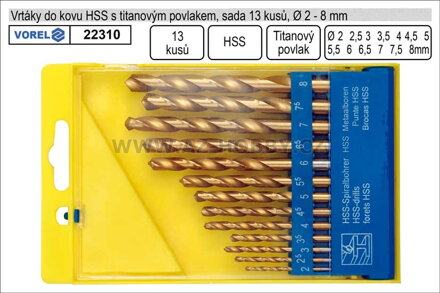 Vrtáky do kovu s titanovým povlakem 2-8mm HSS sada 13 kusů