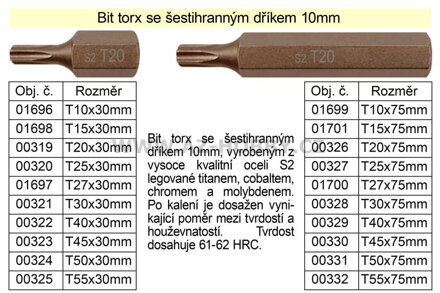 Bit torx  T45 se šestihranným dříkem 10mm délka 30mm 100-00323
