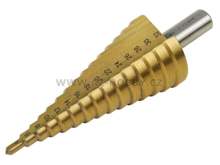 vrták stupňovitý, Ř4-39mm, stupňování po 3mm, 13 otvorů, stopka Ř13mm, délka 107mm, TiN,