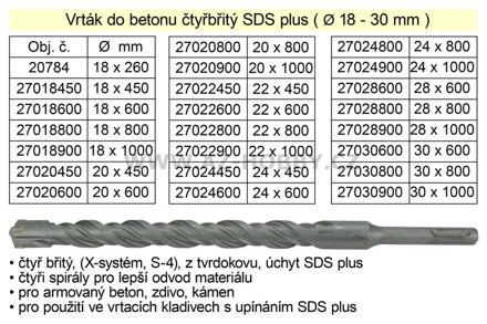 Vrták do betonu čtyřbřitý SDS plus 20x 800mm