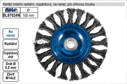 Kartáč rotační na nerez radiální 100mm copánkový pro úhlovou brusku