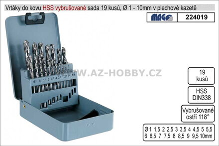 Vrtáky do kovu vybrušované 1-10mm HSS 19 kusů