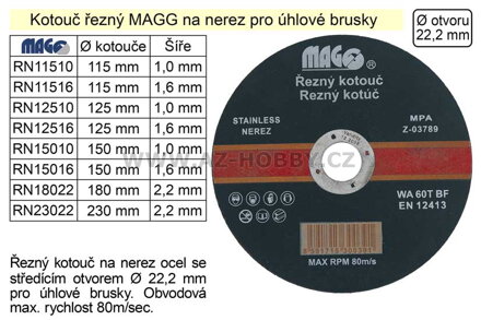 Kotouč řezný na  nerez 180x2,2mm MAGG