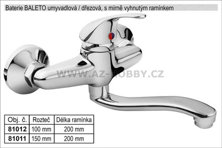 Baterie dřezová / umyvadlová 100mm chromovaná s vyhnutým ramínkem délka 200mm