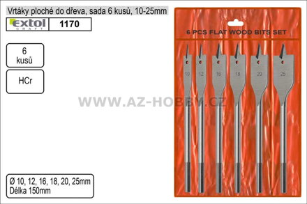 vrtáky ploché do dřeva, sada 6ks, Ř10-12-16-18-20-25mm, délka 150mm, šestihranná stopka,