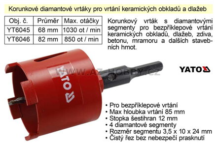 Korunkový vrták 82 mm diamantový YT-6046 YATO