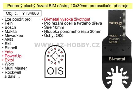 Ponorný plochý řezací Bi-metal nástroj 10x30mm oscilační, pro ocel, tvrdé dřevo