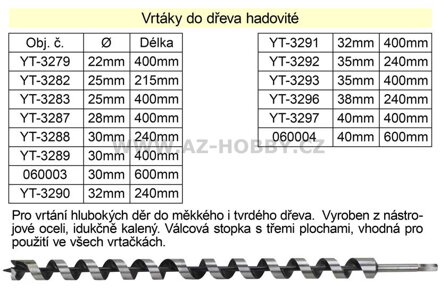 Vrták do dřeva hadovitý samostatný 40x240mm