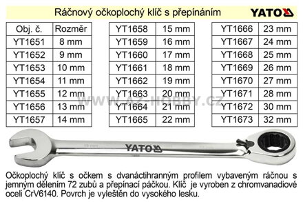 Ráčnový klíč  Yato očkoplochý s přepínáním 26mm