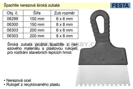 Špachtle nerezová 150mm zubatá zub 8x8mm