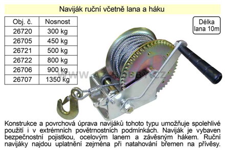 Naviják ruční včetně lana a háku, nosnost  800kg