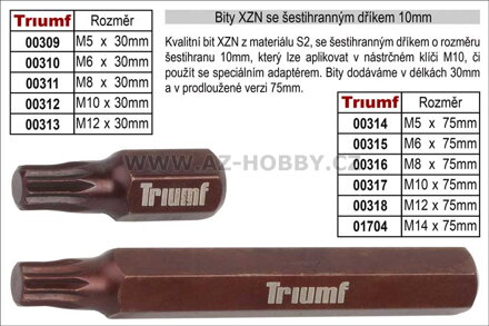 Bit XZN M14 se šestihranným dříkem 10mm, prodloužený délka 75mm